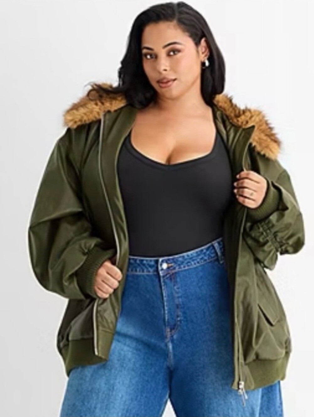 NWT Ashley Graham Size 2XL Olive Green Bomber Jacket with Faux Fur Hood Trim